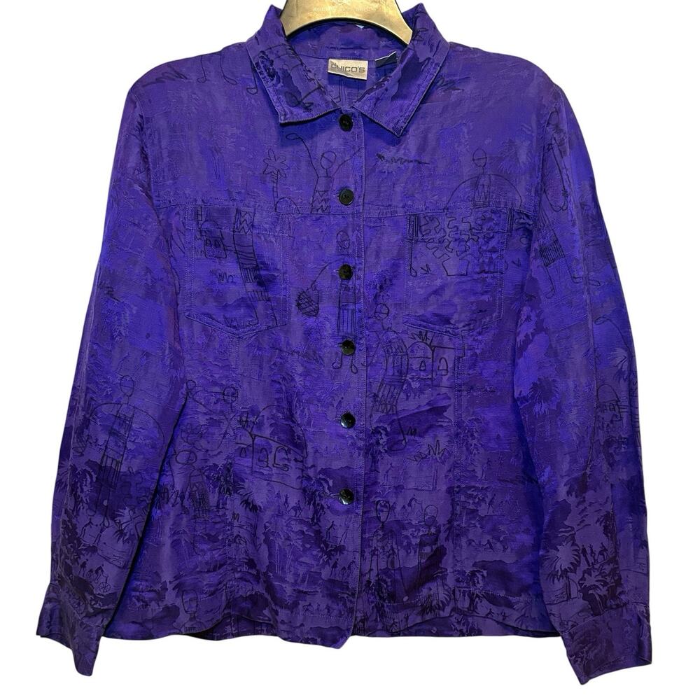Chico’s Button Up Blouse Size 1 US Medium Purple Linen Silk Island Artsy Novelty